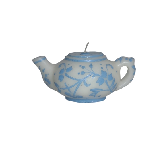 Vintage Teapot Wax Candle Blue Floral Flower Asian Style New Open Box - Picture 3 of 7